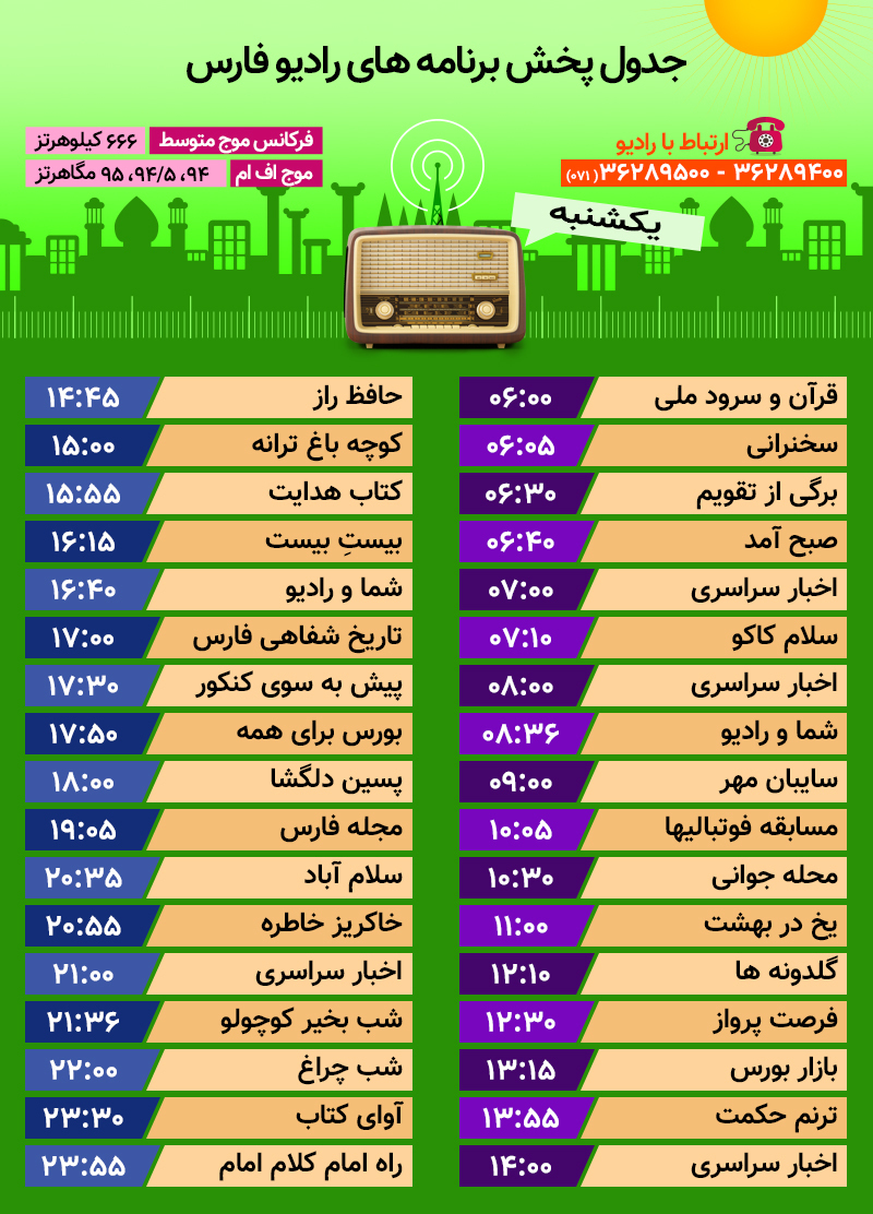 جدول پخش رادیو فارس ۱۴ مرداد