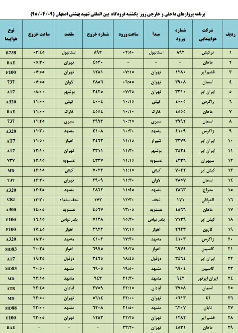 اعلام برنامه پروازهای فرودگاه شهید بهشتی اصفهان