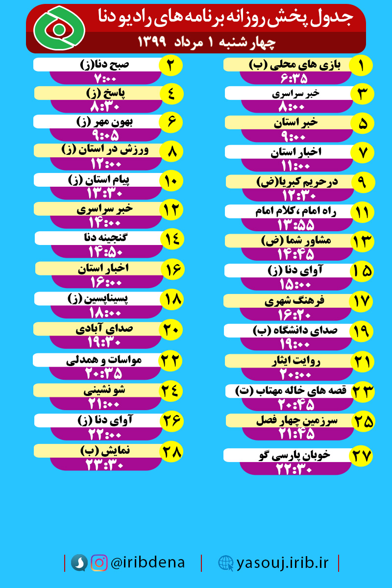 جدول پخش برنامه‌های رادیوی شبکه دنا