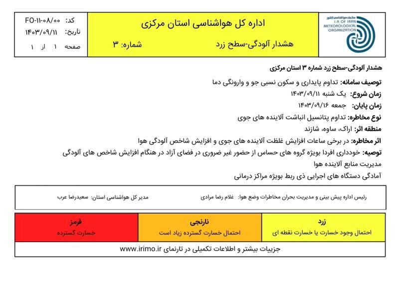 صدور هشدار سطح زرد شماره ۳ استان مرکزی