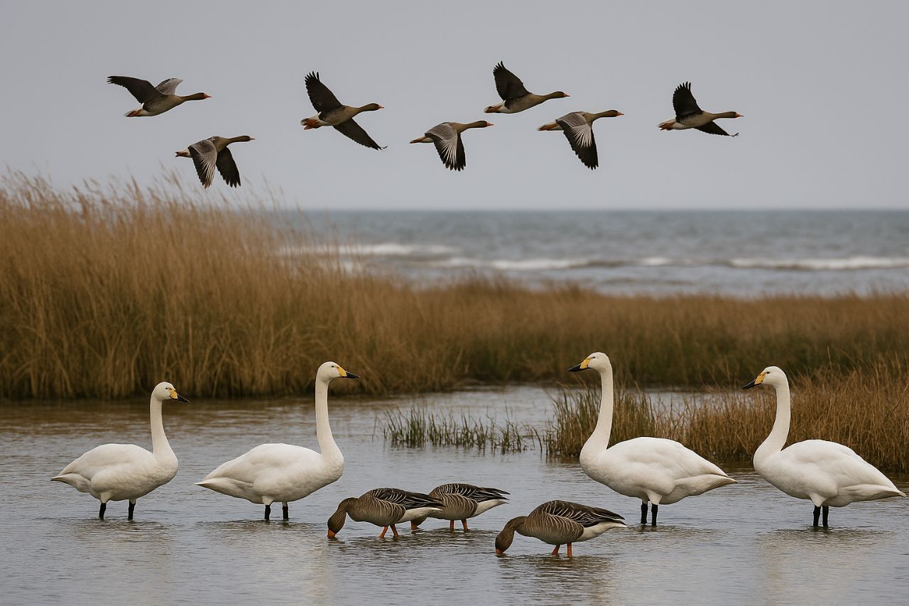 ورود نخستین گروه قو‌ها و غاز‌های مهاجر به پارک ملی بوجاق